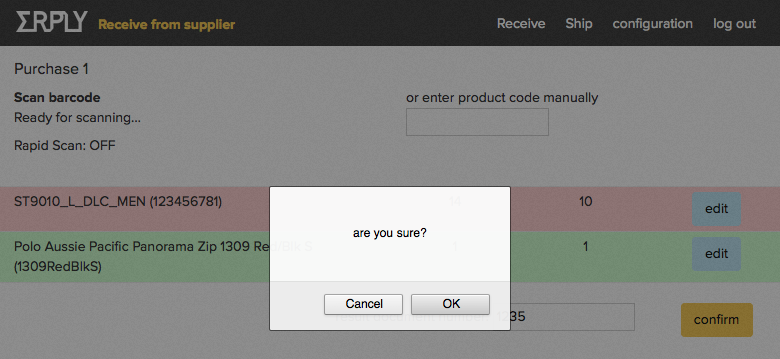 ERPLY Warehouse Web App confirm